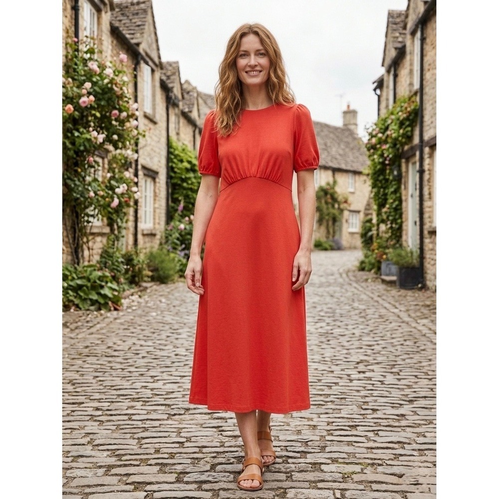 Boden Red Empire Waist Puff Sleeve Midi Dress Lenzing Ecovero Viscose US 10R